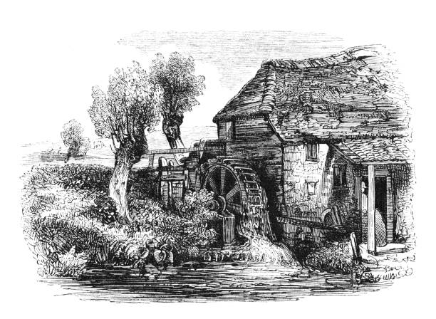 Grain Mill with Waterwheel A mill with a waterwheel beside a river. Illustrations are Wood-Engravings published in an 1841 nonfiction book about fish. Copyright has expired and is in Public Domain. watermill stock illustrations