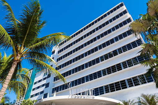 Miami, Florida USA - January 6, 2022: The Shelborne Hotel with classic art deco architecture is a popular tourist resort on Collins Avenue in South Beach.
