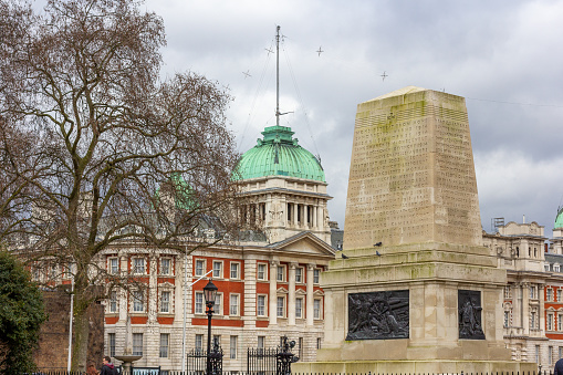 Guards Memorial near Old Admiralty Building (Admiralty Extension) in City of Westminster, London. Names are visible on the memorial.