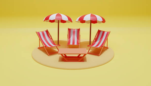 istock 3d summer rendering, three beach benches, two beach umbrellas, one table, yellow background 1369198470