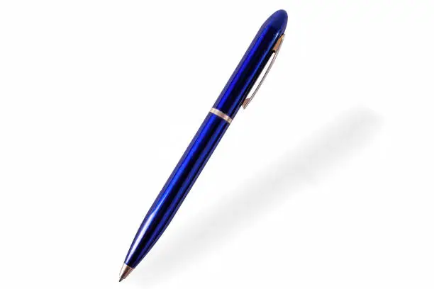 Blue ballpen with metallic parts on white background, isolated.