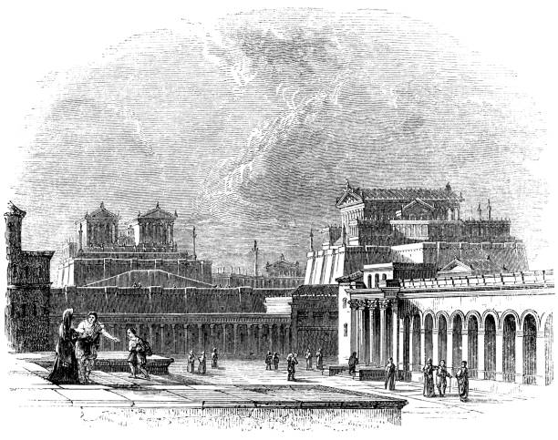 Capitoline Hill in Ancient Rome, Italy - 1st Century BC Capitoline Hill in ancient Rome, Italy (circa 1st century BC) from the Works of William Shakespeare. Vintage etching circa mid 19th century. capitoline hill stock illustrations