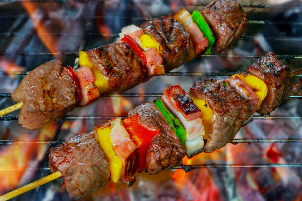 Close-Up Meat And Vegetables On Barbecue Grill