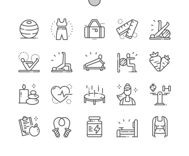 Pilates. Sport bag. Bood figure. Jumping rope. Training and workout. Trampoline. Pixel Perfect Vector Thin Line Icons. Simple Minimal Pictogram Pilates. Sport bag. Bood figure. Jumping rope. Training and workout. Trampoline. Pixel Perfect Vector Thin Line Icons. Simple Minimal Pictogram pilates stock illustrations