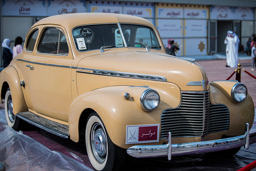Doha, Qatar - December 18, 2017: An old car on display at the National Day celebrations in Qatar.