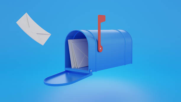 3D Render of Blue Mailbox with Envelopes Inside and Out stock photo