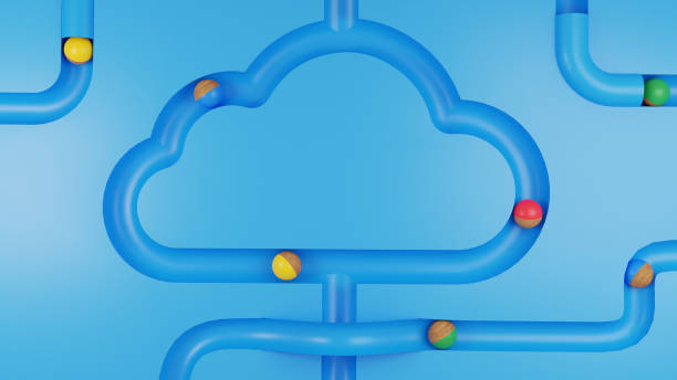 3D Render of Cloud Computing Symbol and Marbles on Track Top View stock photo
