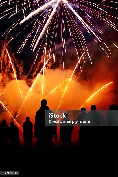 Spettacolo Di Fuochi Dartificio Silhouette - Fotografie stock e altre immagini di Fuochi d'artificio - Fuochi d'artificio, Allegro, Arancione