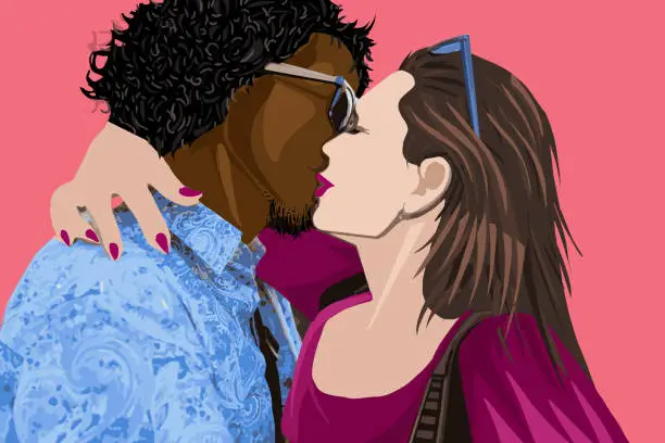 Vector illustration of Mixed race couple kissing