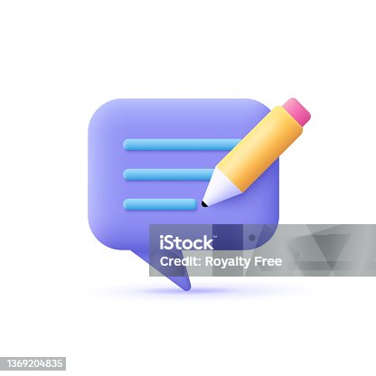 istock Speech bubble with pen. Copywriting, message writing, feedback concept. 3d vector icon. Cartoon minimal style. 1369204835