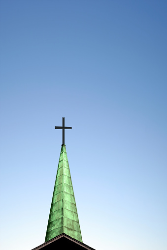 cross and church steeple with clear blue sky, vertical frame (XXL)
