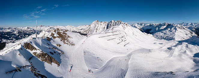 Ski slopes at Nätschen above Andermatt, looking towards Hospeltal, Realp and Furka Pass in the Urseren Valley in Switzerland