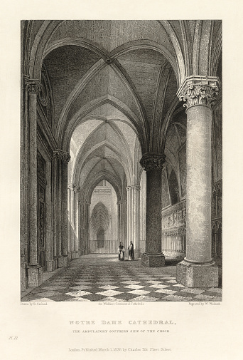 Antique French Engraving: Notre Dame Cathedral, Paris, France, 1837. Source: Original edition from my own archives. Copyright has expired on this artwork. Digitally restored.