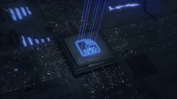 RFID Wireless Radio Frequency Identification.Digital futuristic logo.Advanced Technology Concept Visualization: Circuit Board CPU Processor Microchip Starting Artificial Intelligence Digitalization of Neural Networking and Cloud Computing data. 3D render CPU central processor unit chipset on the printed circuit board for electronic and technology concept select focus shallow depth of field.Virtual Bank is a bank that offers banking services through electronic channels. All services of virtual banks can be performed online and there are no bricks-and-mortar branches. rfid tags stock pictures, royalty-free photos & images