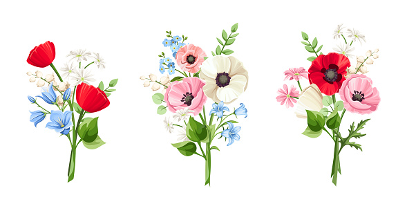 Set of bouquets of red, pink, blue, and white poppy, forget-me-not, bluebell, and lily of the valley flowers isolated on a white background. Vector illustration