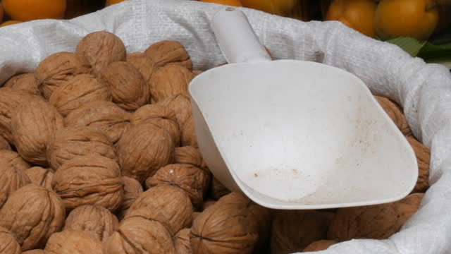 Large ripe walnuts in white bag on which lies a plastic spatula