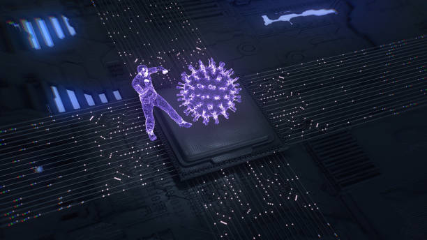 istock Covid-19. Coronavirus struggle. Virus. Pandemia.Digital futuristic 3d model.Advanced Technology Concept Visualization: Circuit Board CPU Processor Microchip Starting Artificial Intelligence Digitalization of Neural Networking and Cloud Computing data. 1369211003