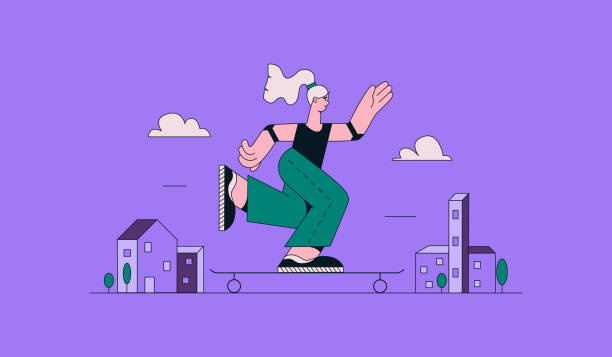 ilustrações de stock, clip art, desenhos animados e ícones de happy teenage girl or skateboarder rides on a skateboard on the background of the city. outline vector illustration - skateboard park ramp skateboarding park