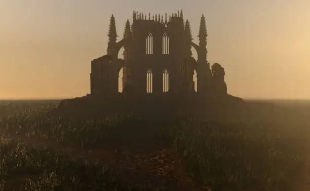 Ruined historic church in misty countryside at sunrise. 3D render.