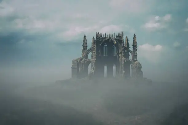 Ruined historic church in vast misty countryside under a blue cloudy sky. 3D render.