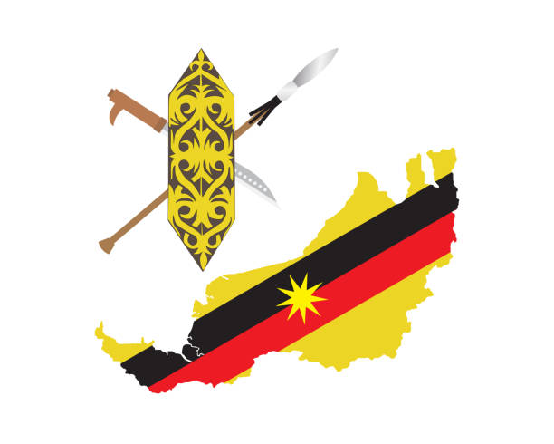 Sarawak Land of Hornbill A vector of terabai, traditional Sarawakian shield. "Mandau" or "Ilang" sword, dagger used by warrior. Blowpipe use to hunt animal. Can be seen in traditional performance and "Gawai" festival. hornbill stock illustrations