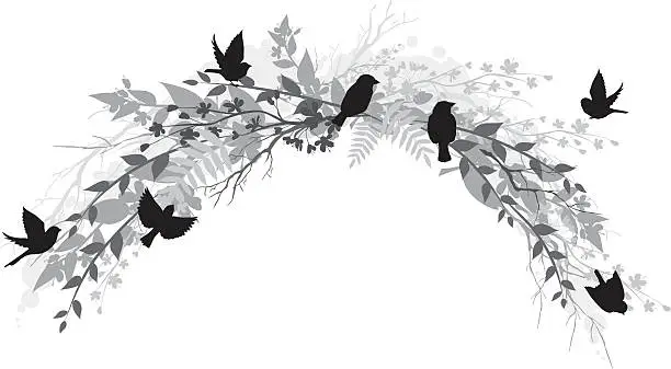 Vector illustration of Sparrows with Branches & Cherry Blossoms