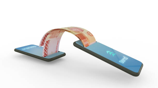 3d-rendering von indonesischen rupiah-notizen, die von einem telefon auf ein anderes übertragen werden. mobiles geldtransaktionskonzept - indonesian currency stock-fotos und bilder