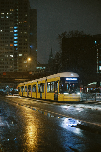 Streets of Berlin at night during winter.