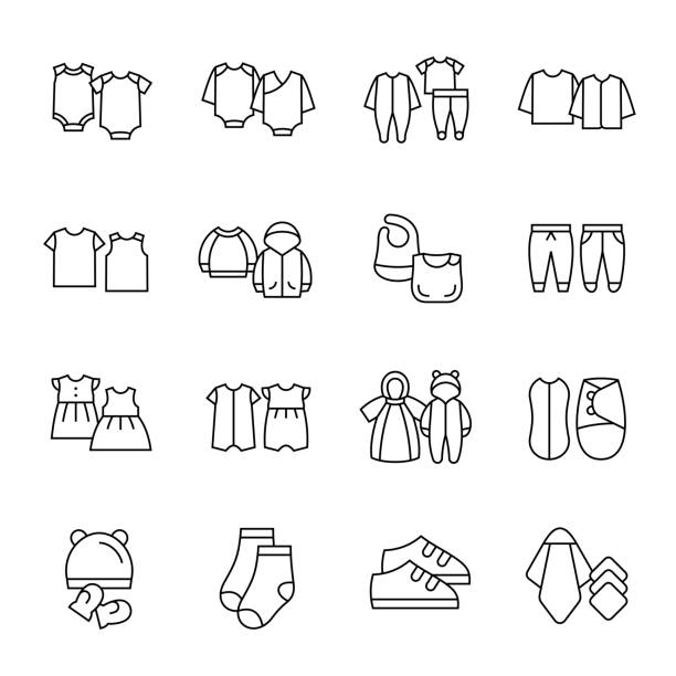 Baby clothes line icon set Bodysuits, coveralls, sleepwear, girl dresses, booties, t-shirts vector illustrations baby clothing stock illustrations