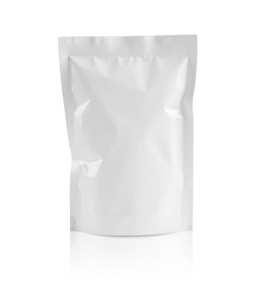 Blank white aluminium foil plastic pouch bag sachet packaging mockup isolated on white background Blank white aluminium foil plastic pouch bag sachet packaging mockup isolated on white background sack photos stock pictures, royalty-free photos & images