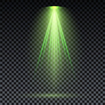 Green spotlight. Green laser beam on transparent background. Laser rays, lighting effect on transparent black background.