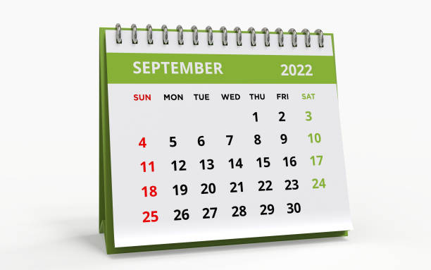 Standing Desk Calendar September 2022 green Standing Desk Calendar September 2022. Business monthly calendar with metal spiral-bound, the week starts on Sunday. Monthly Pages on a white base and green title, isolated on a white background, 3d render. september stock pictures, royalty-free photos & images