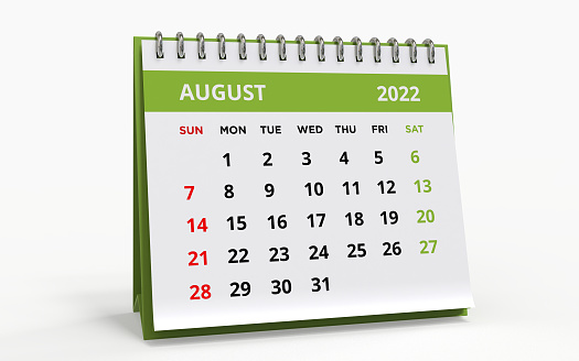 Standing Desk Calendar August 2022. Business monthly calendar with metal spiral-bound, the week starts on Sunday. Monthly Pages on a white base and green title, isolated on a white background, 3d render.