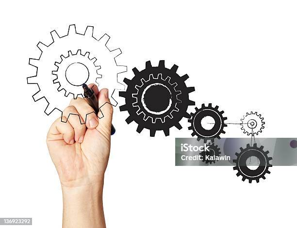 Hand Drawing Several Gears Isolated In White Stock Photo - Download Image Now - Business, Connection, Corporate Business