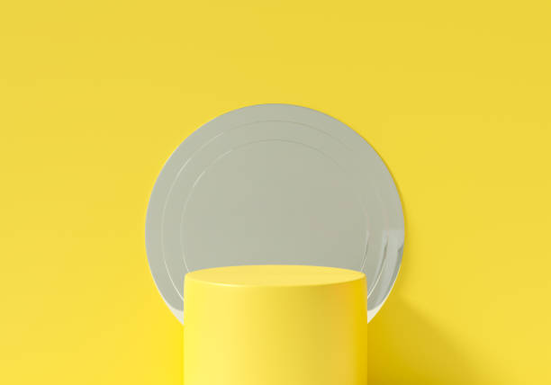 istock Yellow background abstract scene with mirror reflection. Cylinder 3d rendering of empty blank stand product display box or podium winner and platform. Minimalism design. Creative idea concept. 1369238953