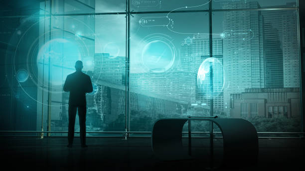 istock Businessman and holographic data projection, 3D render. 1369239867
