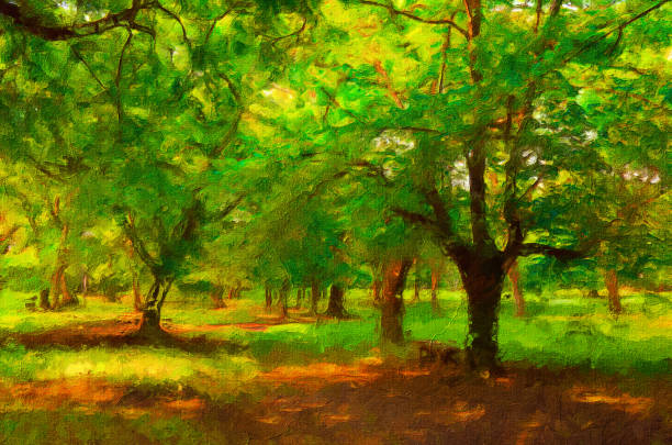 Oil landscape painting showing forest in autumn.