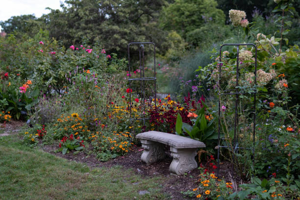 istock Beautiful Flower Filled Garden with a Stone Bench 1369249565