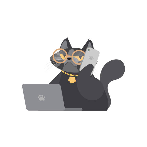 ilustrações de stock, clip art, desenhos animados e ícones de funny cat with glasses sits at a laptop and holds a smartphone. sticker cats with a serious look. good for stickers, t-shirts and postcards. isolated. vector. - animal cell illustrations