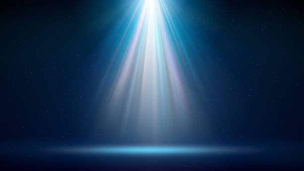 스포트라이트 배경. 조명 된 파란색 단계. 제품을 표시하기위한 배경. 스포트라이트의 밝은 광선, 반짝이는 반짝이는 입자, 빛의 자리. 벡터 일러스트레이션 - stage light spotlight spot lit light effect stock illustrations