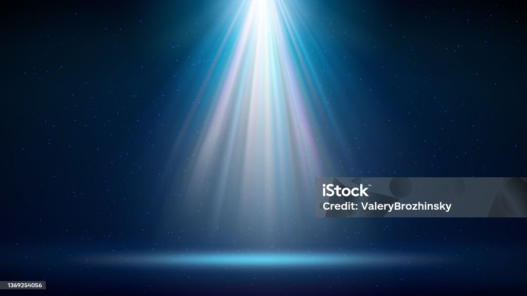 Spotlight background. Illuminated blue stage. Backdrop for displaying products. Bright beams of spotlights, shimmering glittering particles, a spot of light. Vector illustration Spot Lit stock vector