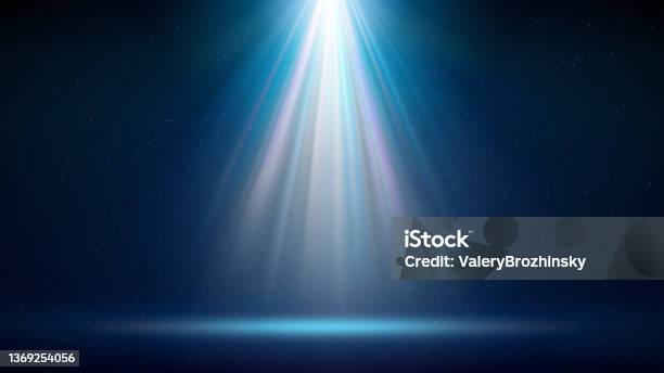 Spotlight Background Illuminated Blue Stage Backdrop For Displaying Products Bright Beams Of Spotlights Shimmering Glittering Particles A Spot Of Light Vector Illustration Stock Illustration - Download Image Now