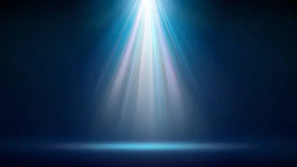 Vector illustration of Spotlight background. Illuminated blue stage. Backdrop for displaying products. Bright beams of spotlights, shimmering glittering particles, a spot of light. Vector illustration