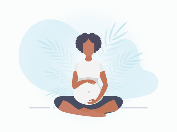 yoga for pregnant women. yoga and sports for pregnant women. banner in blue tones for you. vector illustration in cartoon style. - doğum öncesi bakımı stock illustrations