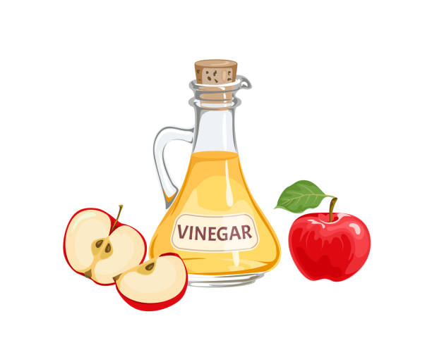 stockillustraties, clipart, cartoons en iconen met apple cider vinegar in glass bottle and red apples fruits isolated on white background. vector cartoon flat illustration. - vinegar