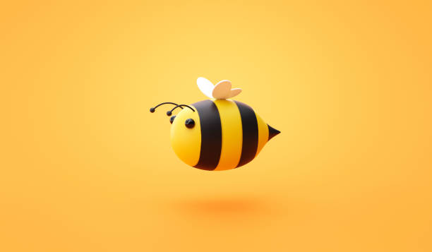 süße honigbiene 3d-zeichentrickfigur design der süßen natur glückliche honigbiene bio-tierfutter-produkt-ikone oder fliegende kreative kunst hummel symbol und wespenkäfer maskottchen konzept auf gelbem hintergrund. - lustige biene stock-fotos und bilder