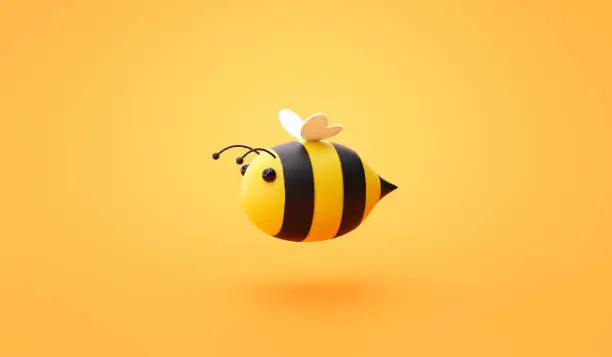 Photo of Cute honey bee 3d cartoon character design of sweet nature happy honeybee organic animal food product icon or flying creative art bumblebee symbol and wasp bug mascot concept on yellow background.