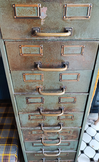 High angle view to old dirty metal locker cabinet