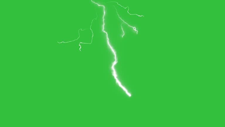 Lightning Strikes On Green Screen Background. The sky storms with stunning lightning and thunder.