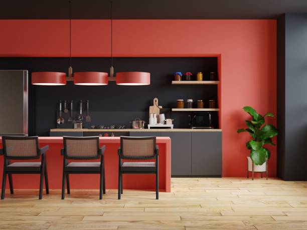 Modern style kitchen interior design with red and black wall. Modern style kitchen interior design with red and black wall.3d rendering red kitchen cabinets stock pictures, royalty-free photos & images